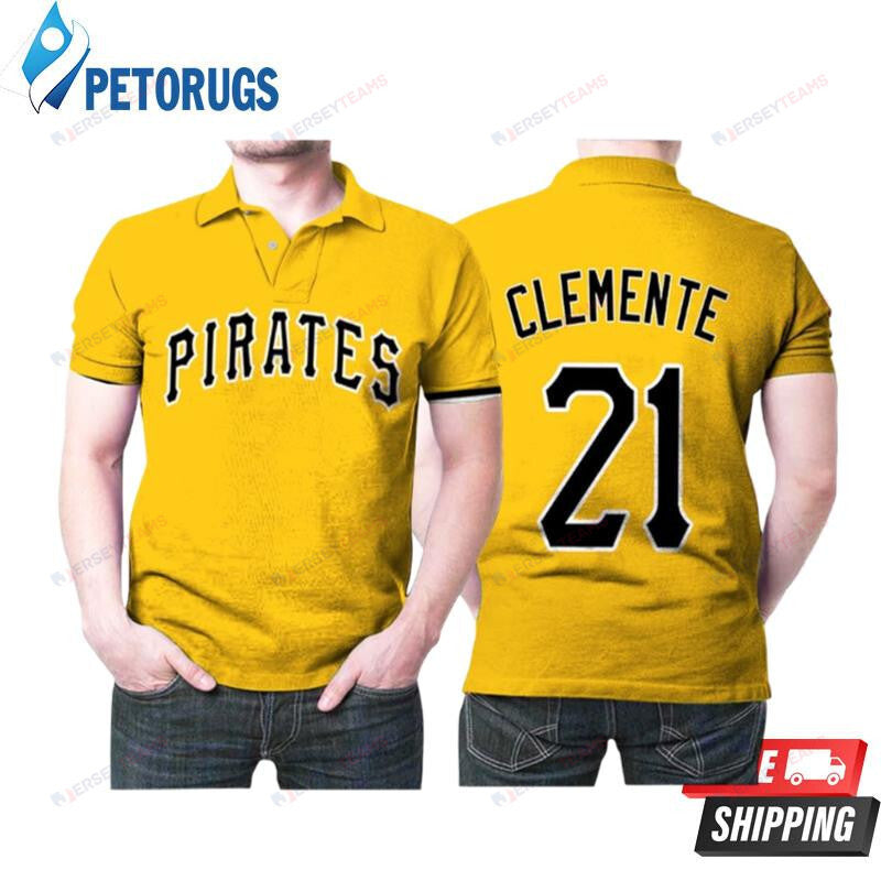 Pittsburgh Pirates Roberto Clemente #21 Great Player Baseball Team Logo Majestic Official Gold 2019 Printed Polo Shirt