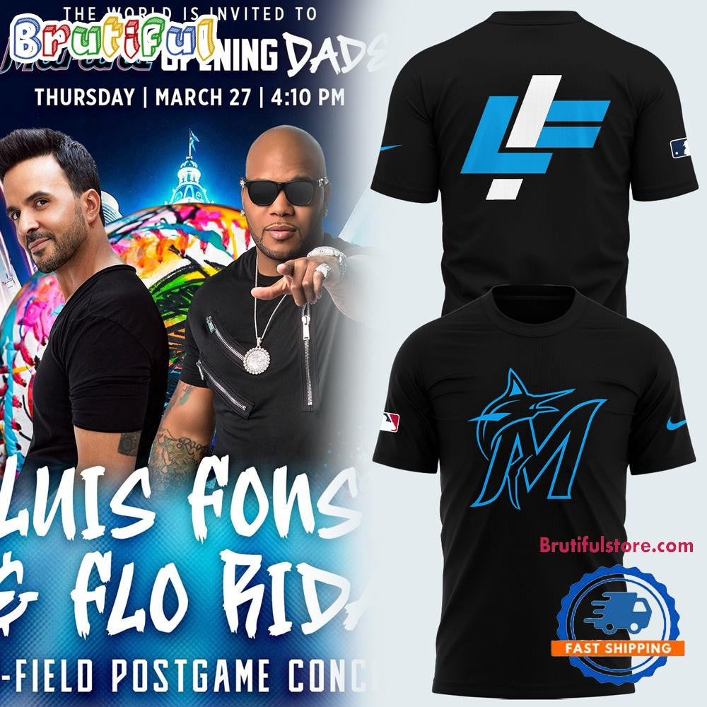 Miami Marlins x Luis Fonsi And Flo Rida 2025 All Over Printed T-shirt - Black