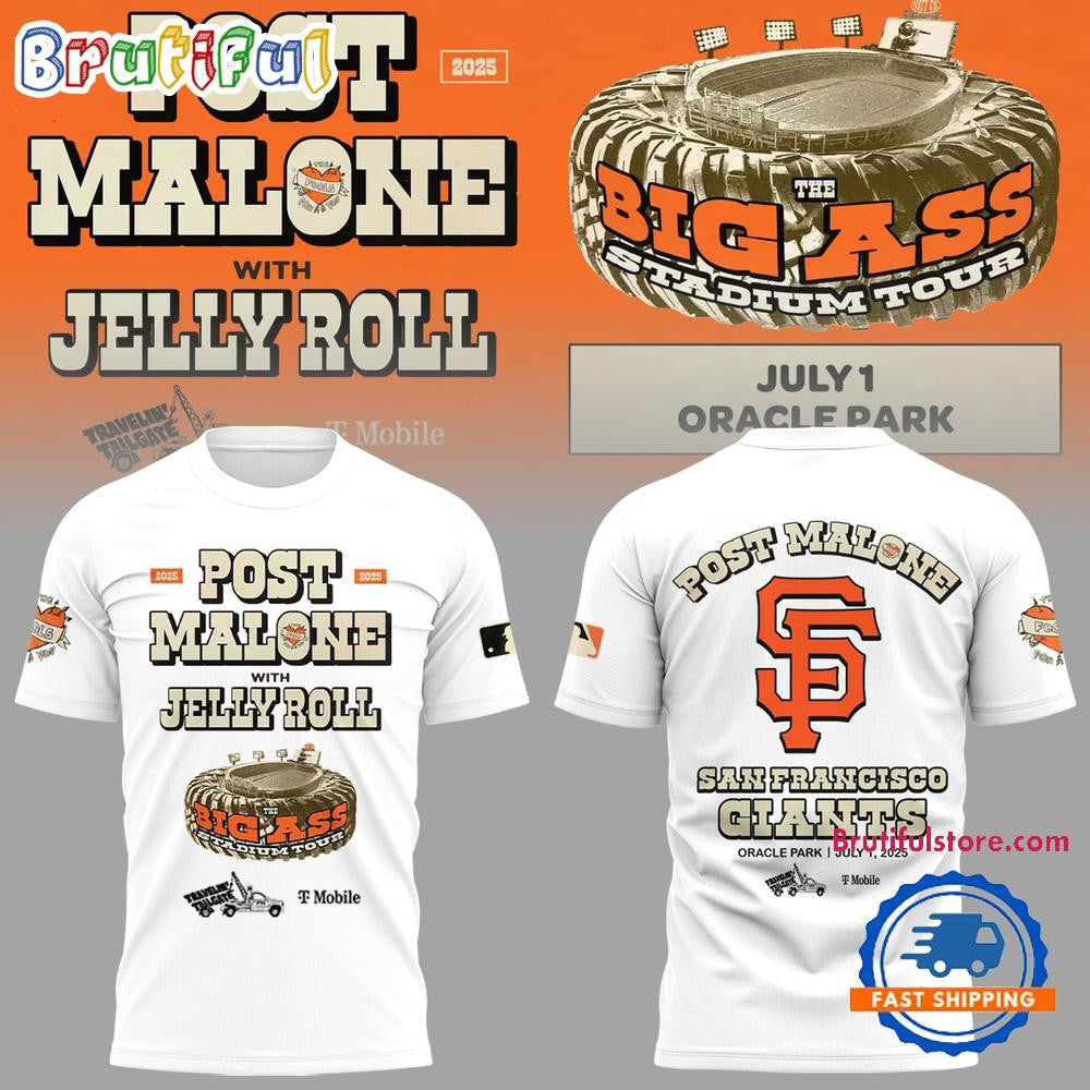 San Francisco Giants 2025 x Post Malone Big Ass Stadium Tour 2025 All Over Printed T-shirt - White