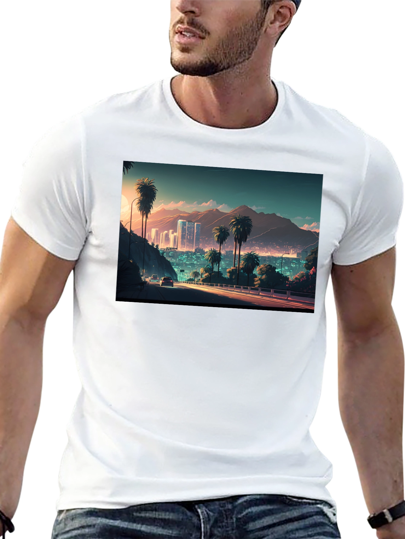 Cityscape Palm Tree Graphic Black T-Shirt