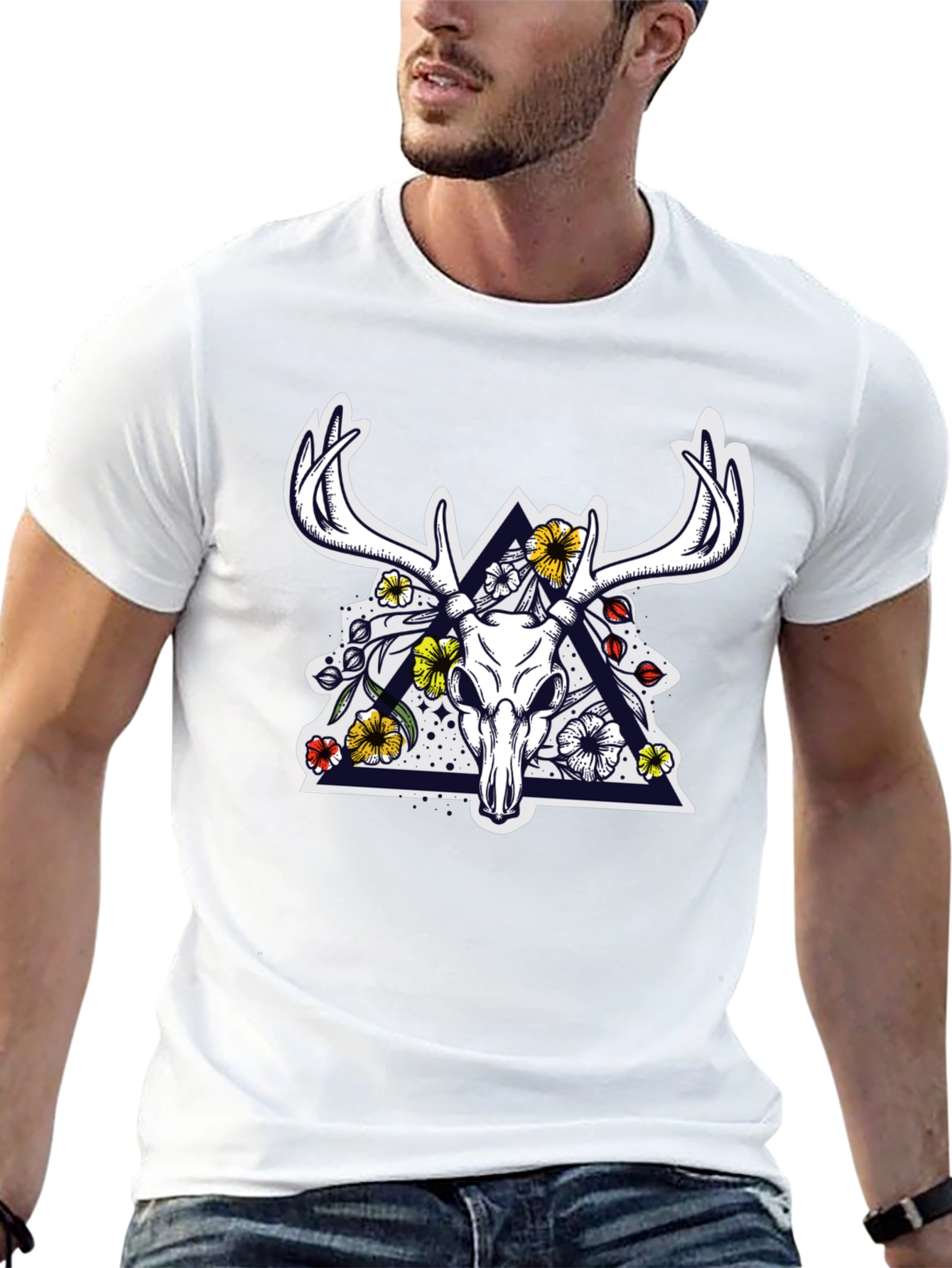 Deer Skull Floral Triangle Graphic T-Shirt