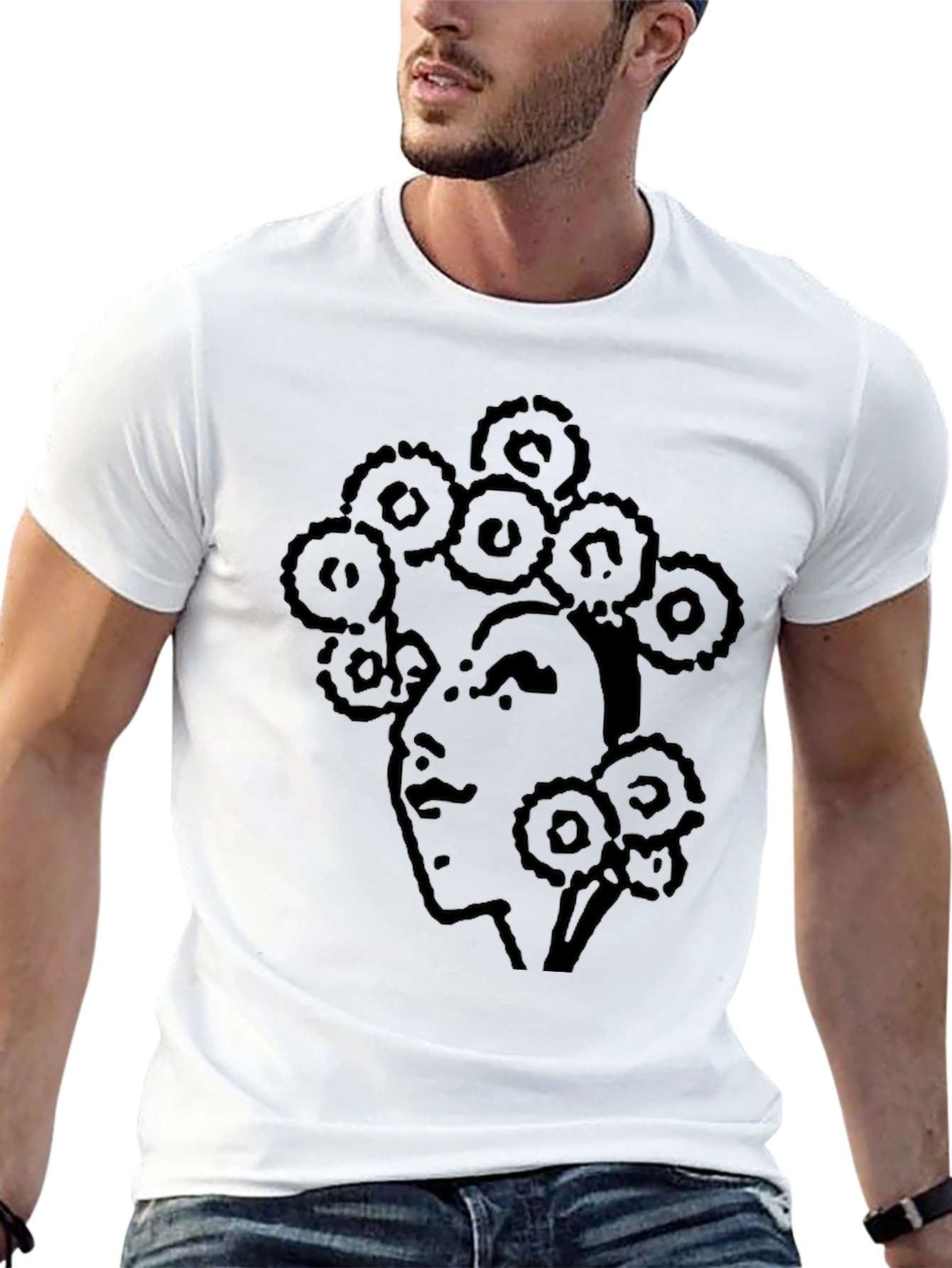 Abstract Face Print T-Shirt - Casual Black Tee