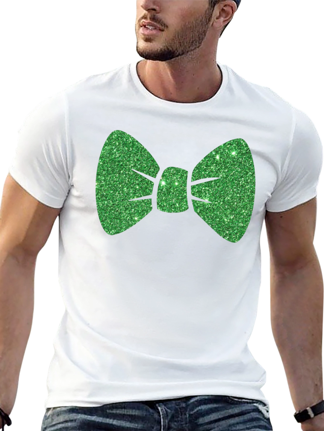 Green Glitter Bow Tie Black T-Shirt