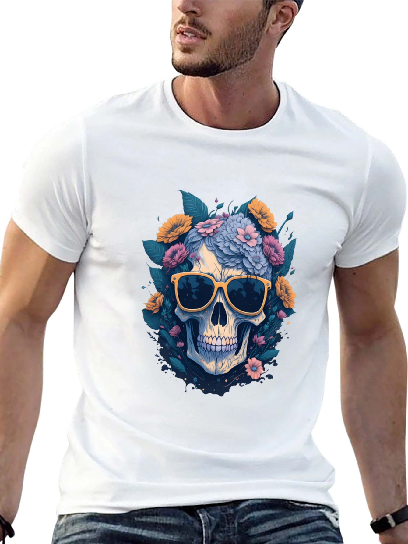 Skull with Flowers & Shades Graphic Tee