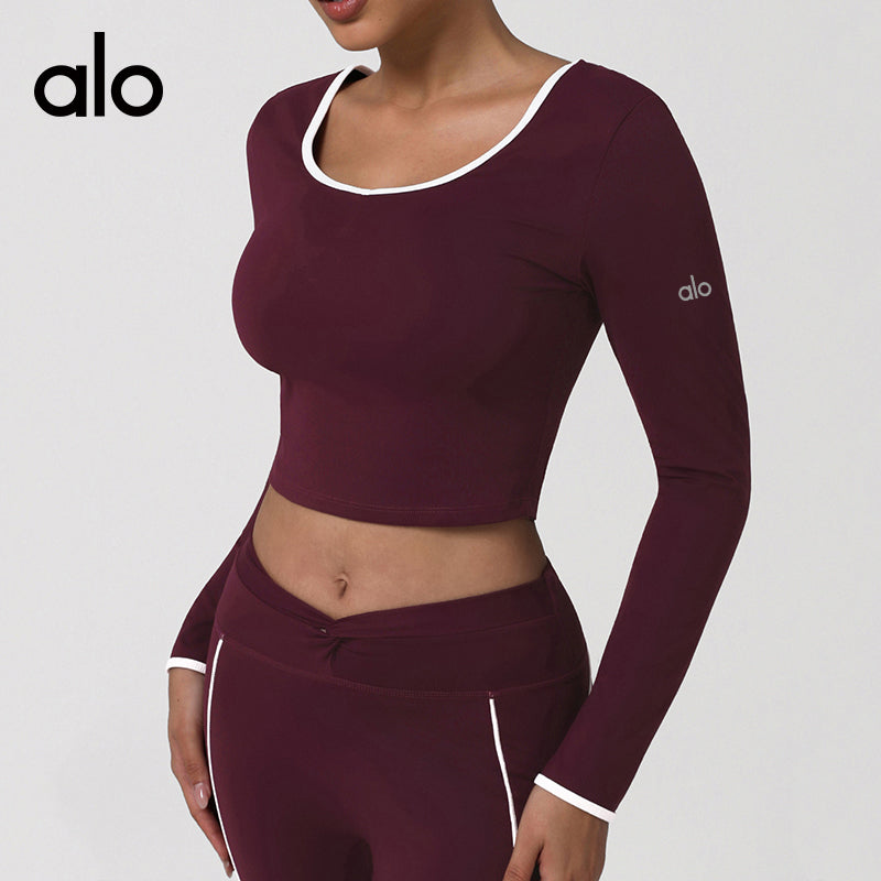 Alo Yoga Autumn/Winter Round-neck Seamless Long-Sleeved T-shirt Backless Short Style Yoga Set for Fitness Training