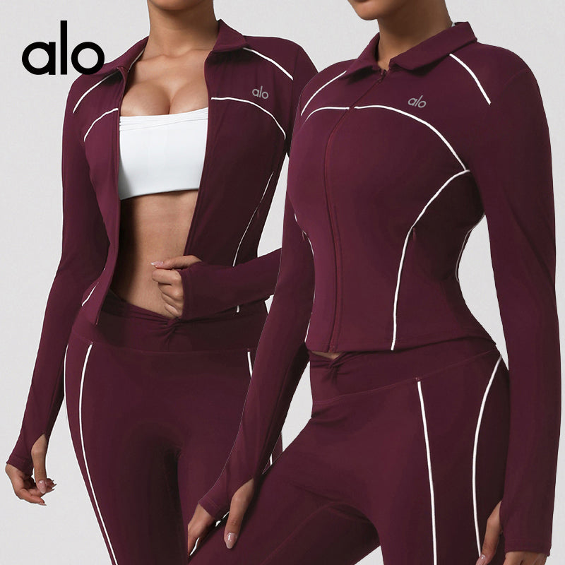 Alo Yoga Autumn/Winter Round-neck Seamless Long-Sleeved T-shirt Backless Short Style Yoga Set for Fitness Training