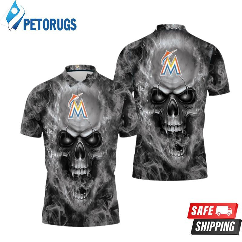 Miami Marlins Skull Gray Printed Polo Shirt
