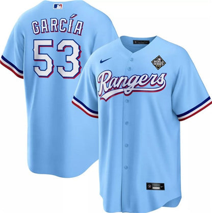 Adolis García 53 Texas Rangers 2023 World Series Stitched Baseball Jersey - Blue