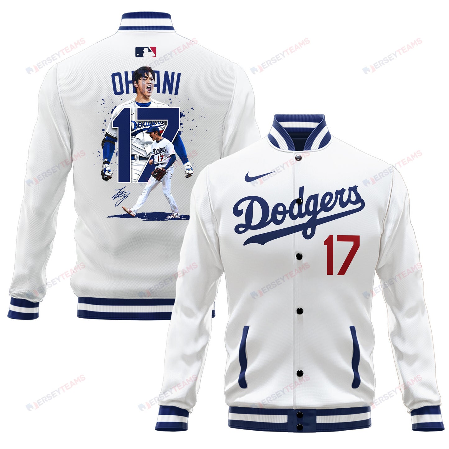 Shohei Ohtani 17 Los Angeles Dodgers Name & Number Signed Baseball Jacket - White - All-Over-Printed Jacket