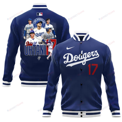 Shohei Ohtani 17 Los Angeles Dodgers Signed Name Road Baseball Jacket - Royal - All-Over-Printed Jacket