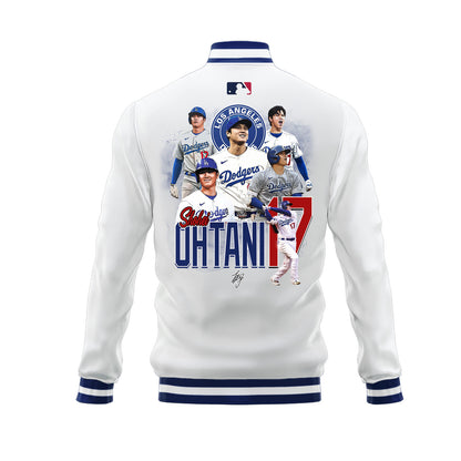 Shohei Ohtani 17 Los Angeles Dodgers Signed Name Road Baseball Jacket - White - All-Over-Printed Jacket