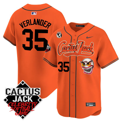 Justin Verlander 35 Houston Astros Cactus Jack Celebrity Softball Game Patch Men Jersey - Orange