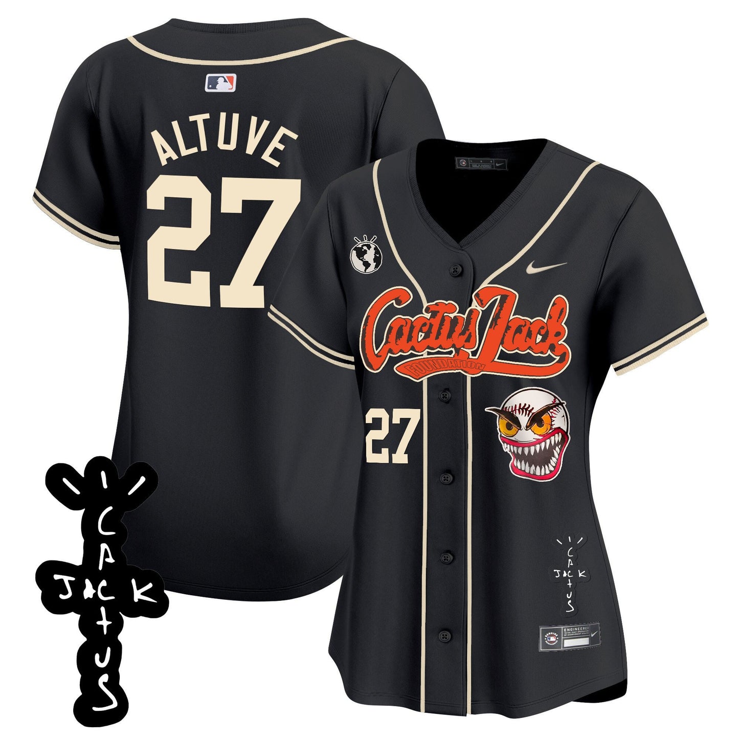 José Altuve 27 Houston Astros Cactus Jack Patch V2 Women Jersey - Black