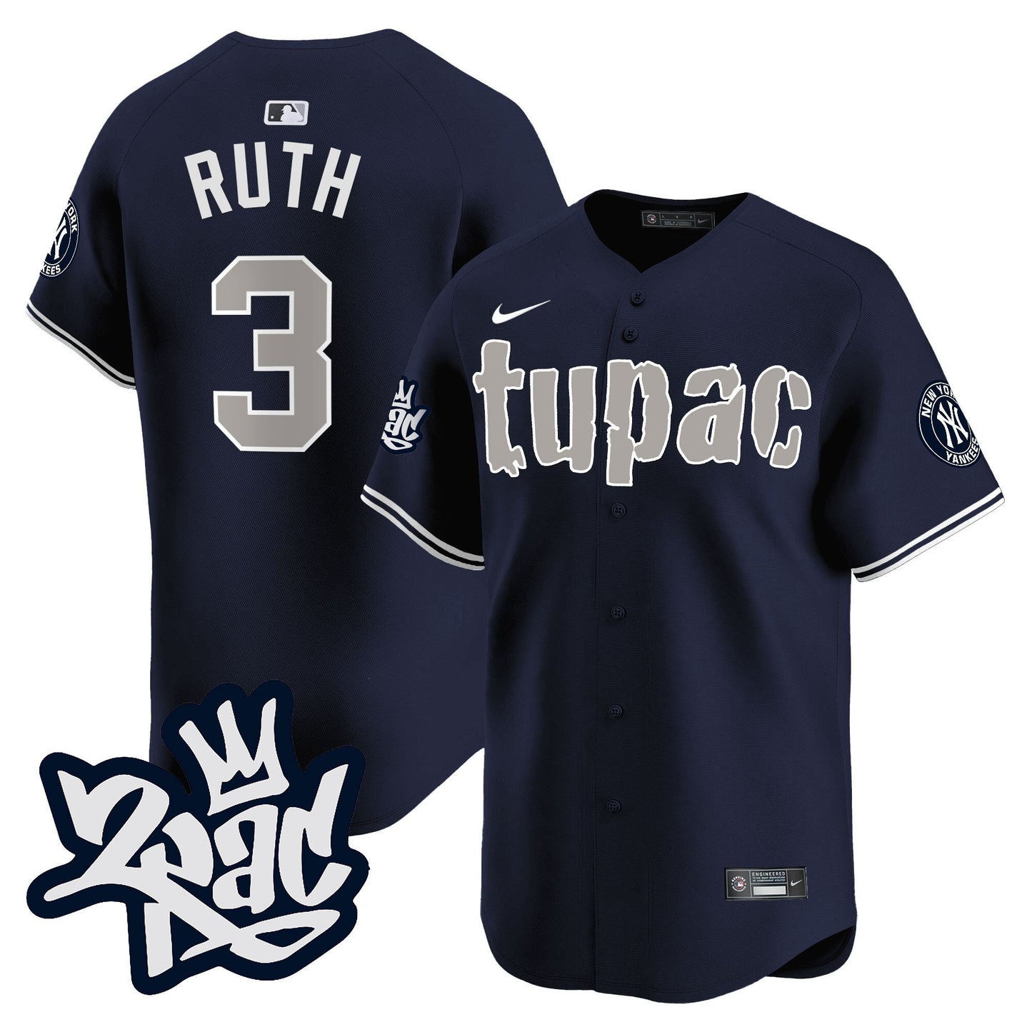 Babe Ruth 3 New York Yankees Tupac Shakur Men Jersey - Navy