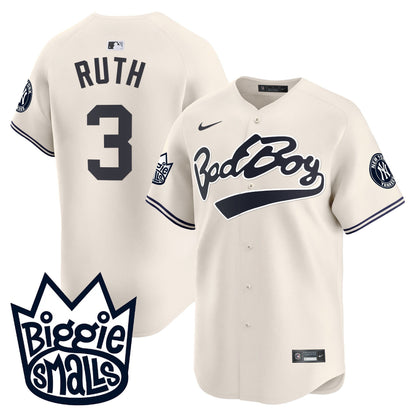 Babe Ruth 3 New York Yankees Biggie Smalls Men Jersey - Cream