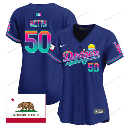 Mookie Betts 50 Los Angeles Dodgers 2024 Los Angeles City Style California Republic Patch Women Jersey - Royal
