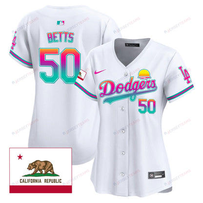 Mookie Betts 50 Los Angeles Dodgers 2024 Los Angeles City Style California Republic Patch Women Jersey - White