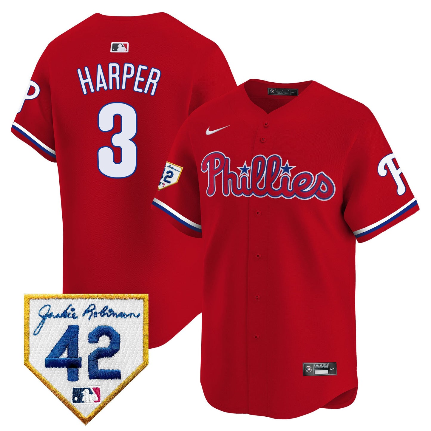 Bryce Harper 3 Philadelphia Phillies 2024 Jackie Robinson Patch Men Jersey - Red