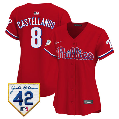 Nick Castellanos 8 Philadelphia Phillies 2024 Jackie Robinson Patch Women Jersey - Red