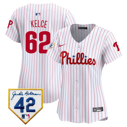 Jason Kelce 62 Philadelphia Phillies 2024 Jackie Robinson Patch Women Jersey - White