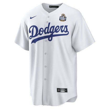 Yoshinobu Yamamoto 18 Los Angeles Dodgers Home 2024 World Series Japanese Lettering Men Jersey - White