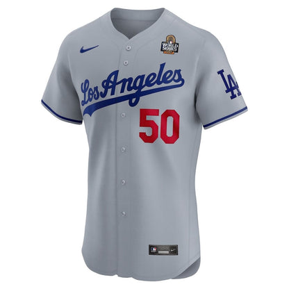 Mookie Betts 50 Los Angeles Dodgers 2024 World Series Road Elite Player Men Jersey - Gray