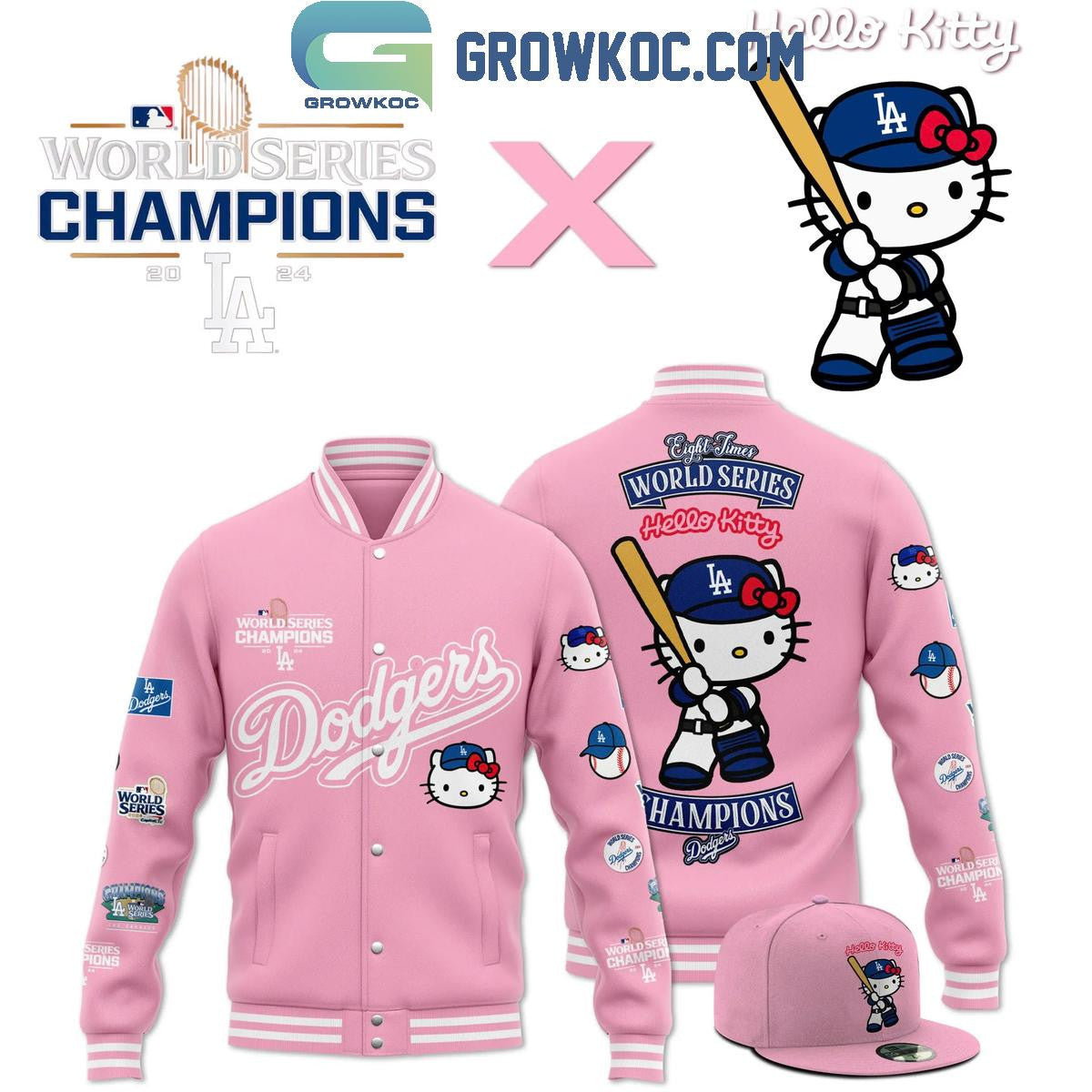 Los Angeles Dodgers 2024 World Series Champions Hello Kitty Baseball Jacket - All Over Printed - Pink - All-Over-Printed Jacket