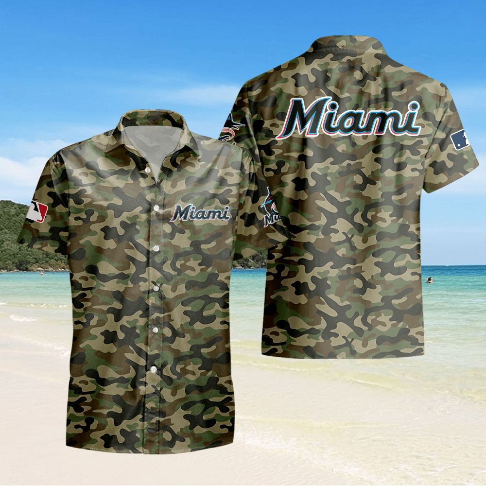 Miami Marlins Camo Hawaiian Shirt - Green