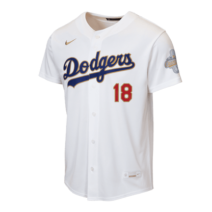 Yoshinobu Yamamoto 18 Los Angeles Dodgers 2026 Gold Collection Home YOUTH Jersey - White