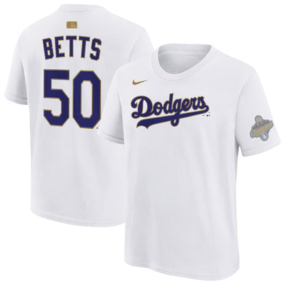 Mookie Betts 50 Los Angeles Dodgers 2026 Gold Collection Name & Number T-Shirt - White
