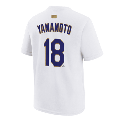 Yoshinobu Yamamoto 18 Los Angeles Dodgers 2026 Gold Collection Name & Number T-Shirt - White