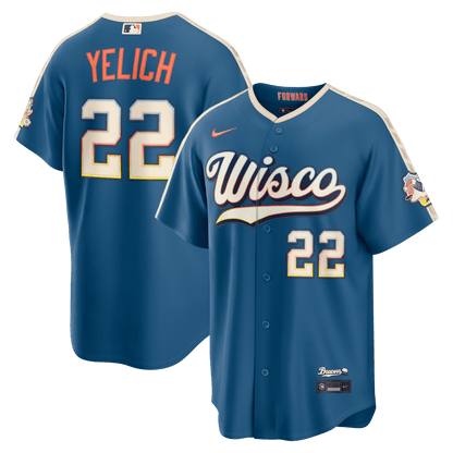 Christian Yelich 22 Milwaukee Brewers 2026 City Connect Jersey - Men, Mineral Blue