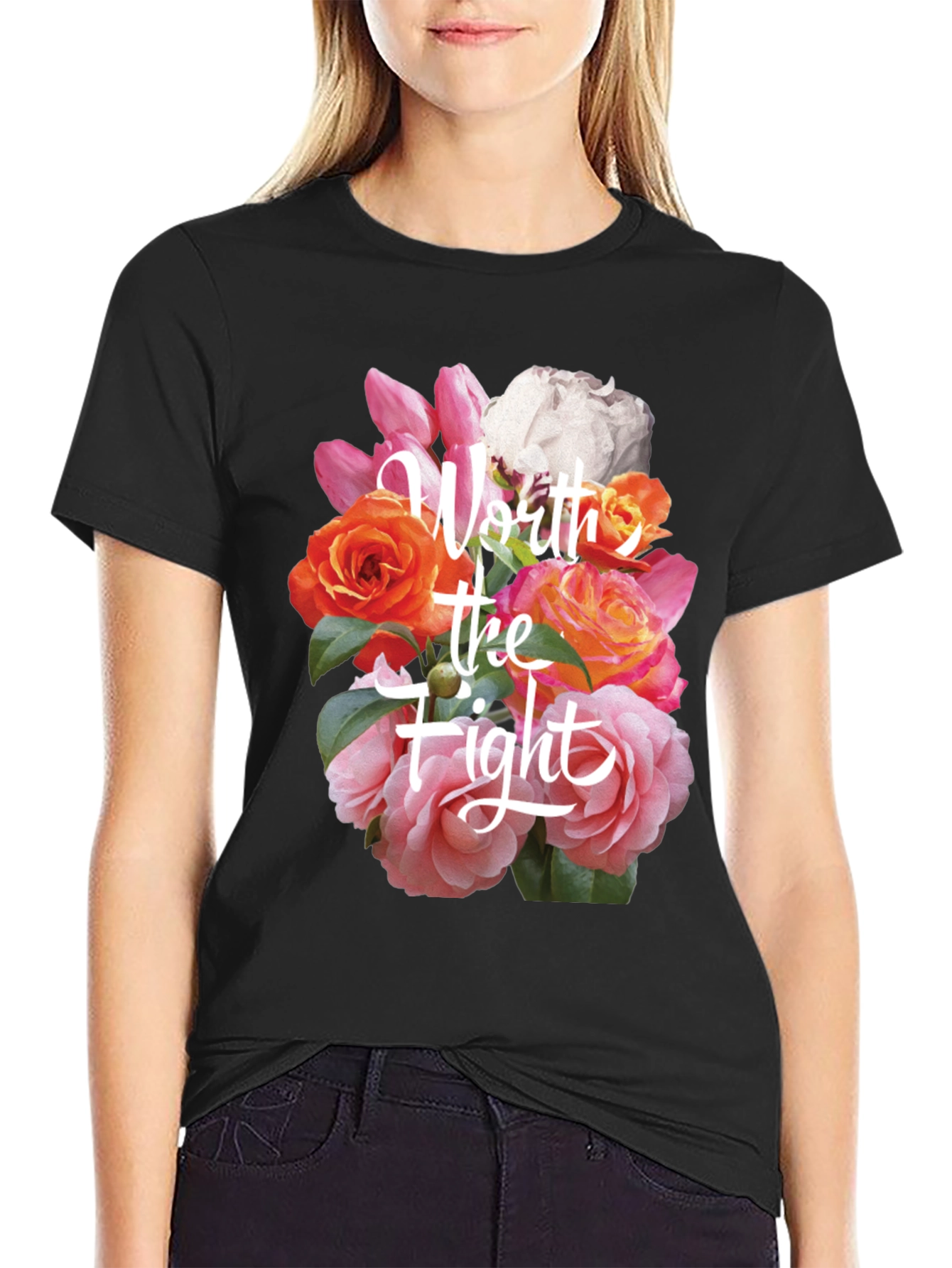 Floral Worth the Fight Black T-Shirt
