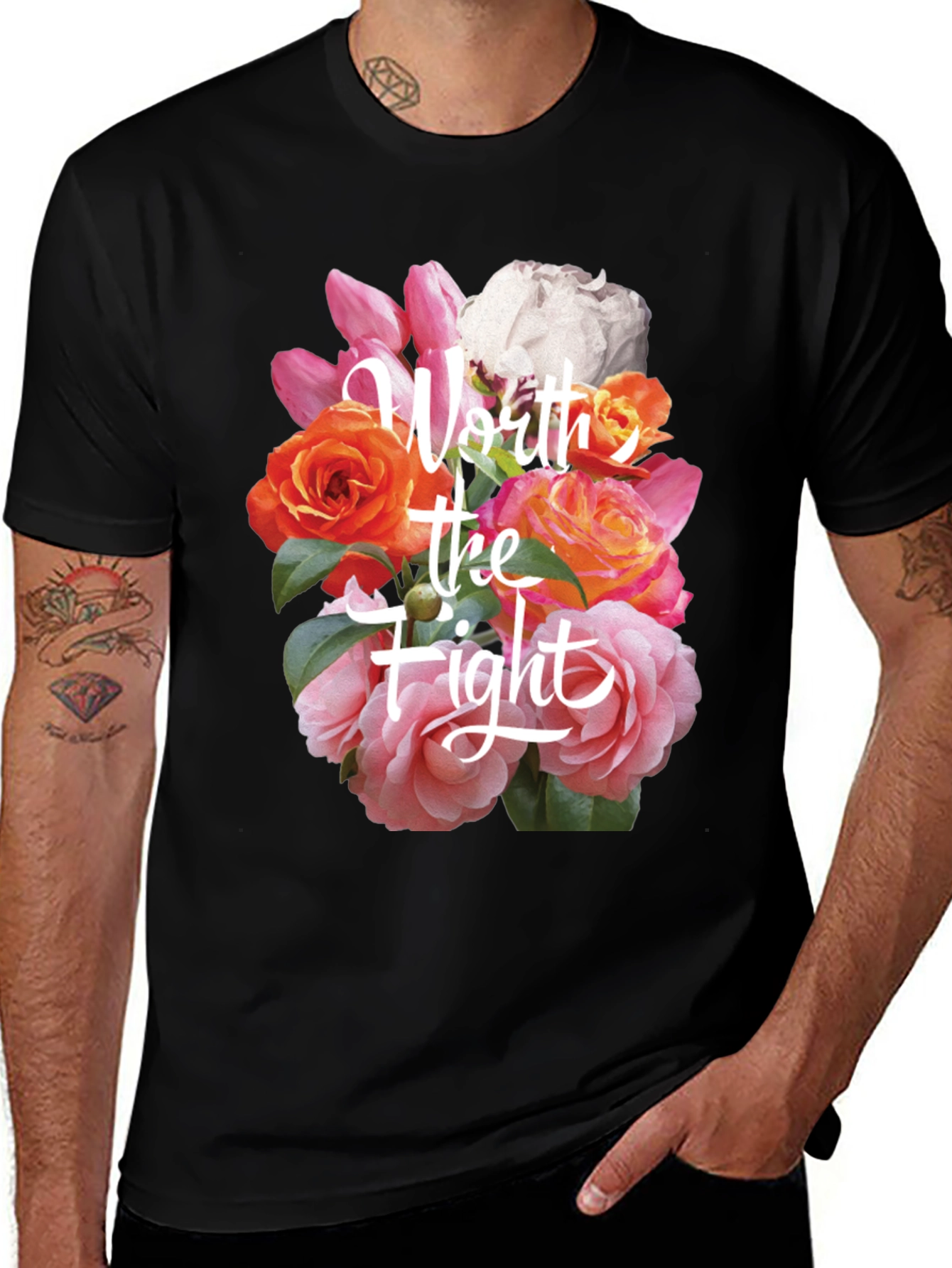 Floral Worth the Fight Black T-Shirt
