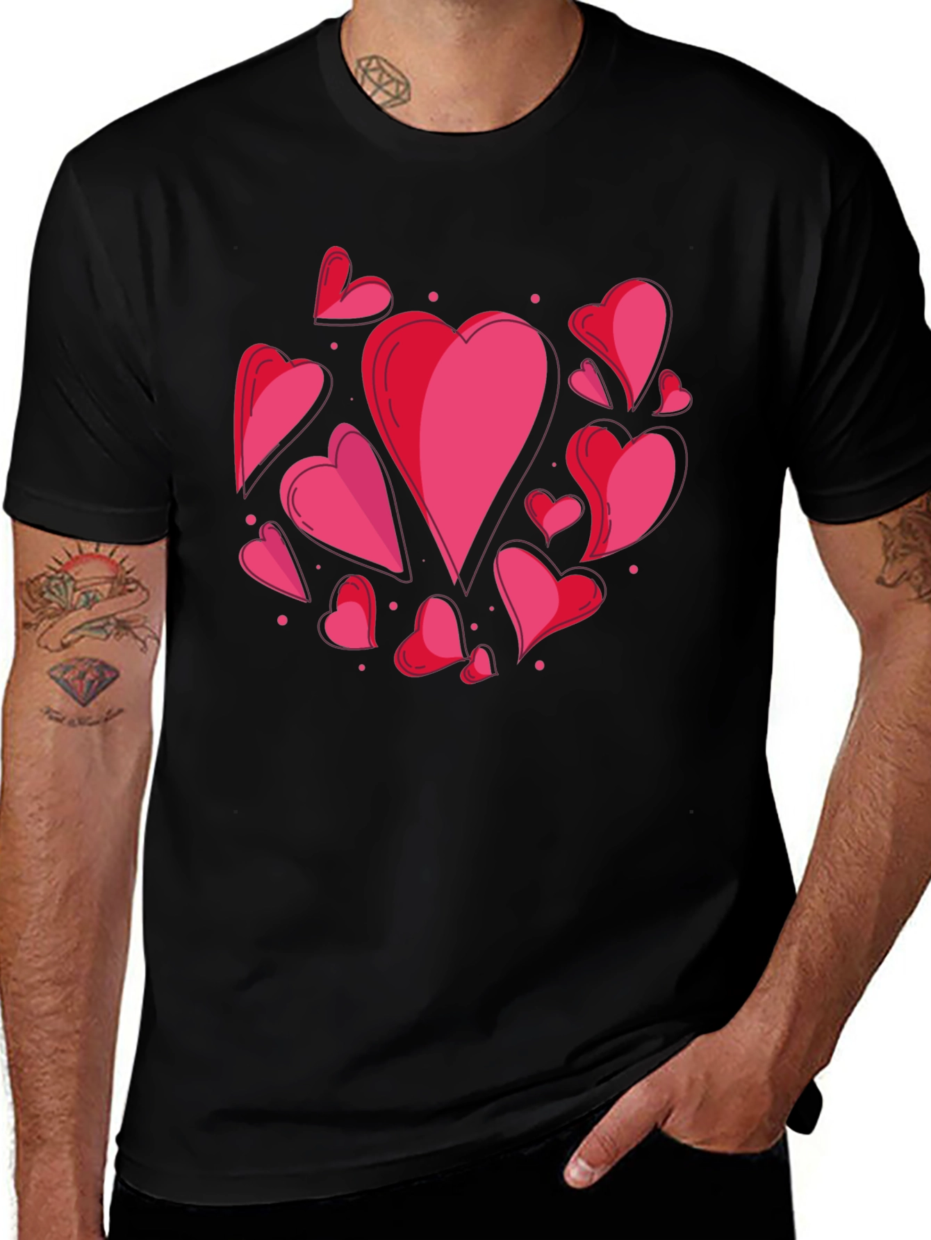Heart Print Crew Neck T-Shirt - Casual Style
