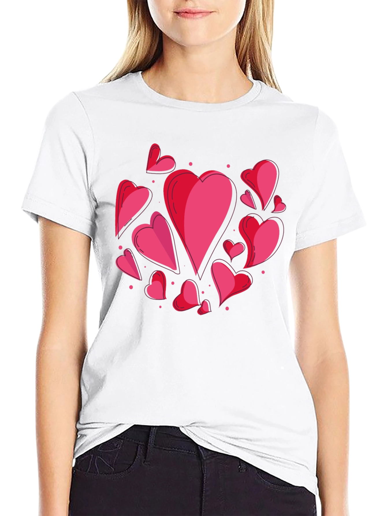 Heart Print Crew Neck T-Shirt - Casual Style