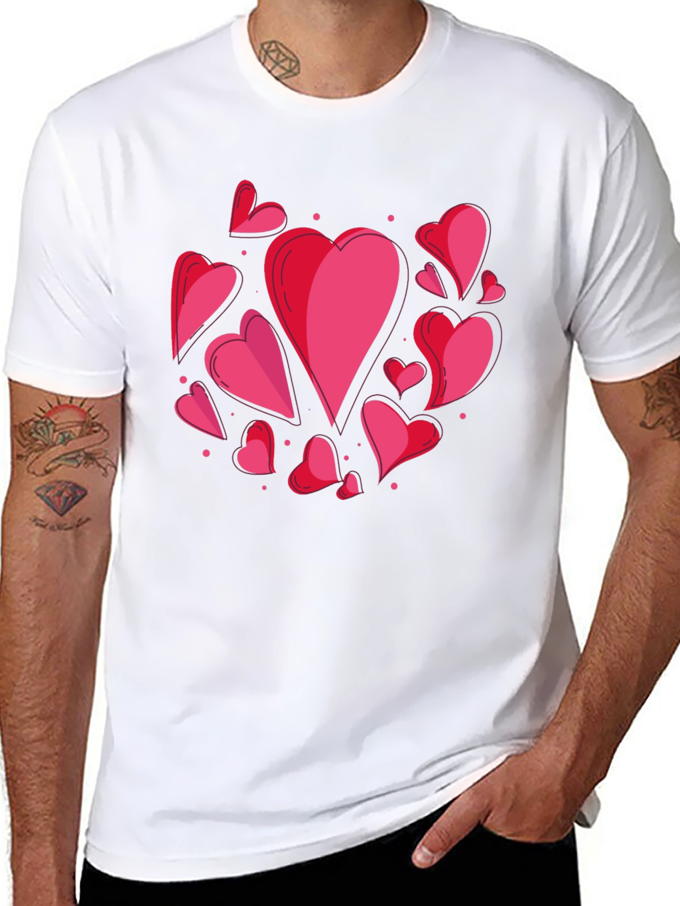 Heart Print Crew Neck T-Shirt - Casual Style