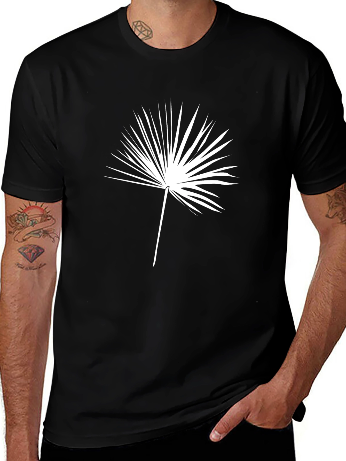 Mens Black T-Shirt with Palm Leaf Design