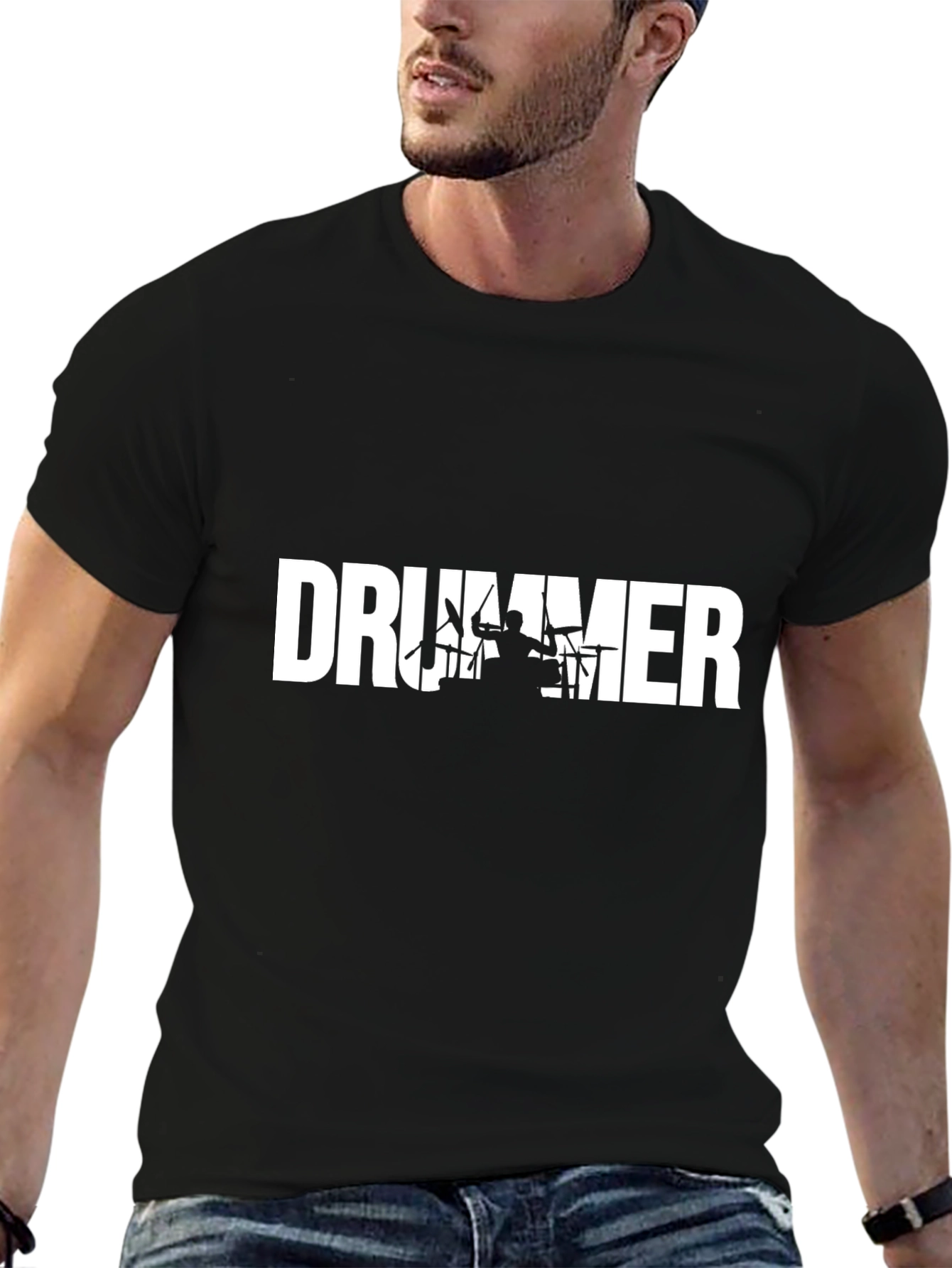 Drummer Silhouette Graphic Tee - Black Crew Neck