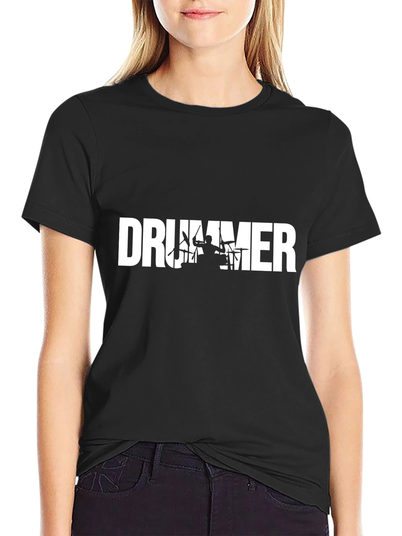 Drummer Silhouette Graphic Tee - Black Crew Neck