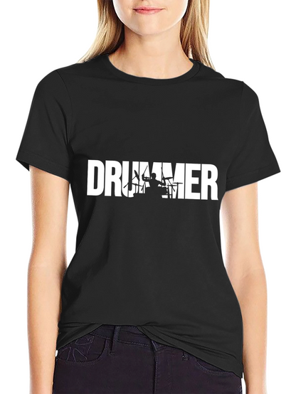 Drummer Silhouette Graphic Tee - Black Crew Neck