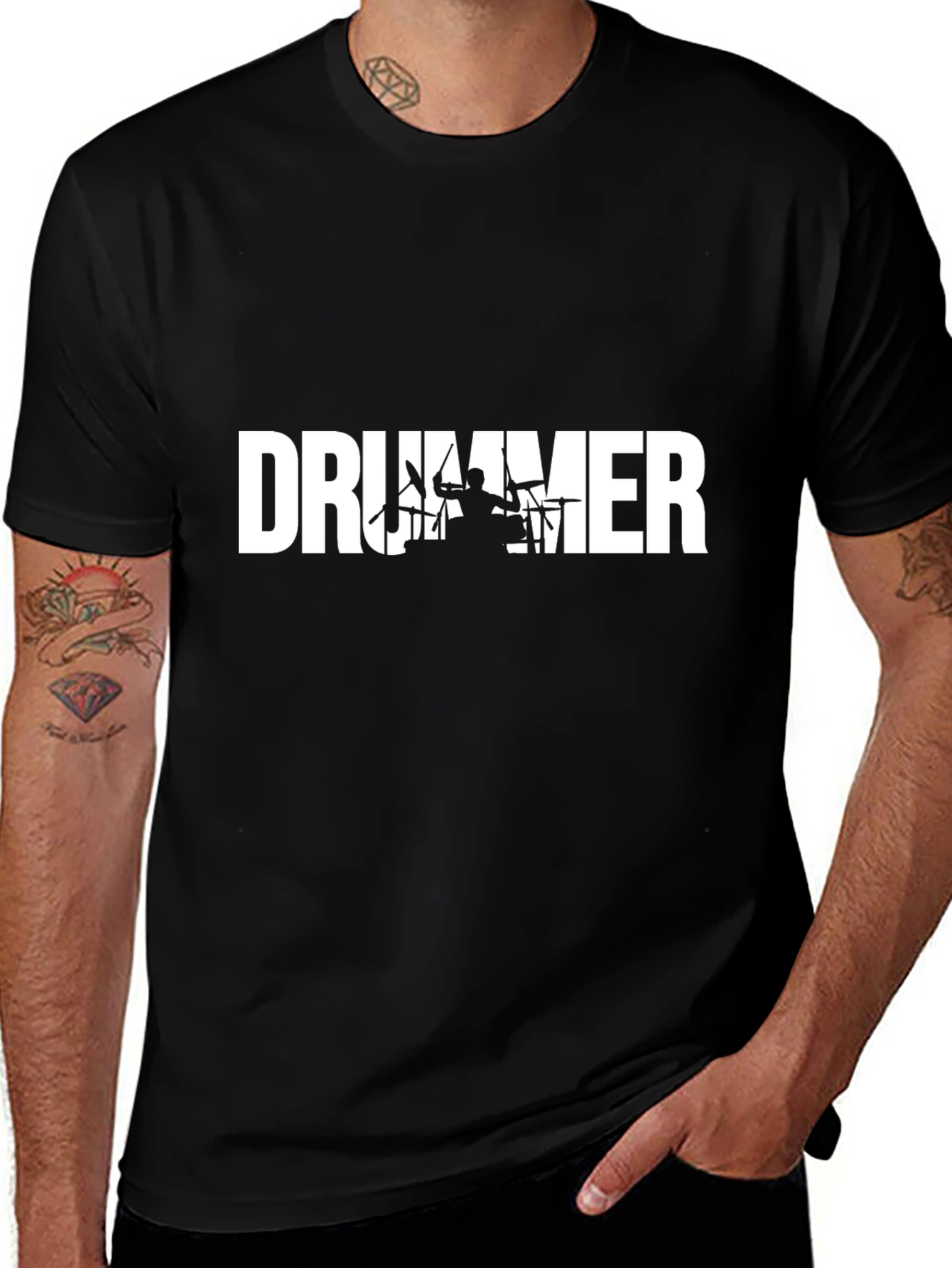 Drummer Silhouette Graphic Tee - Black Crew Neck