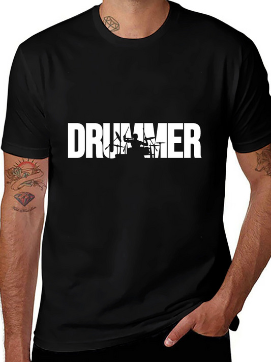 Drummer Silhouette Graphic Tee - Black Crew Neck