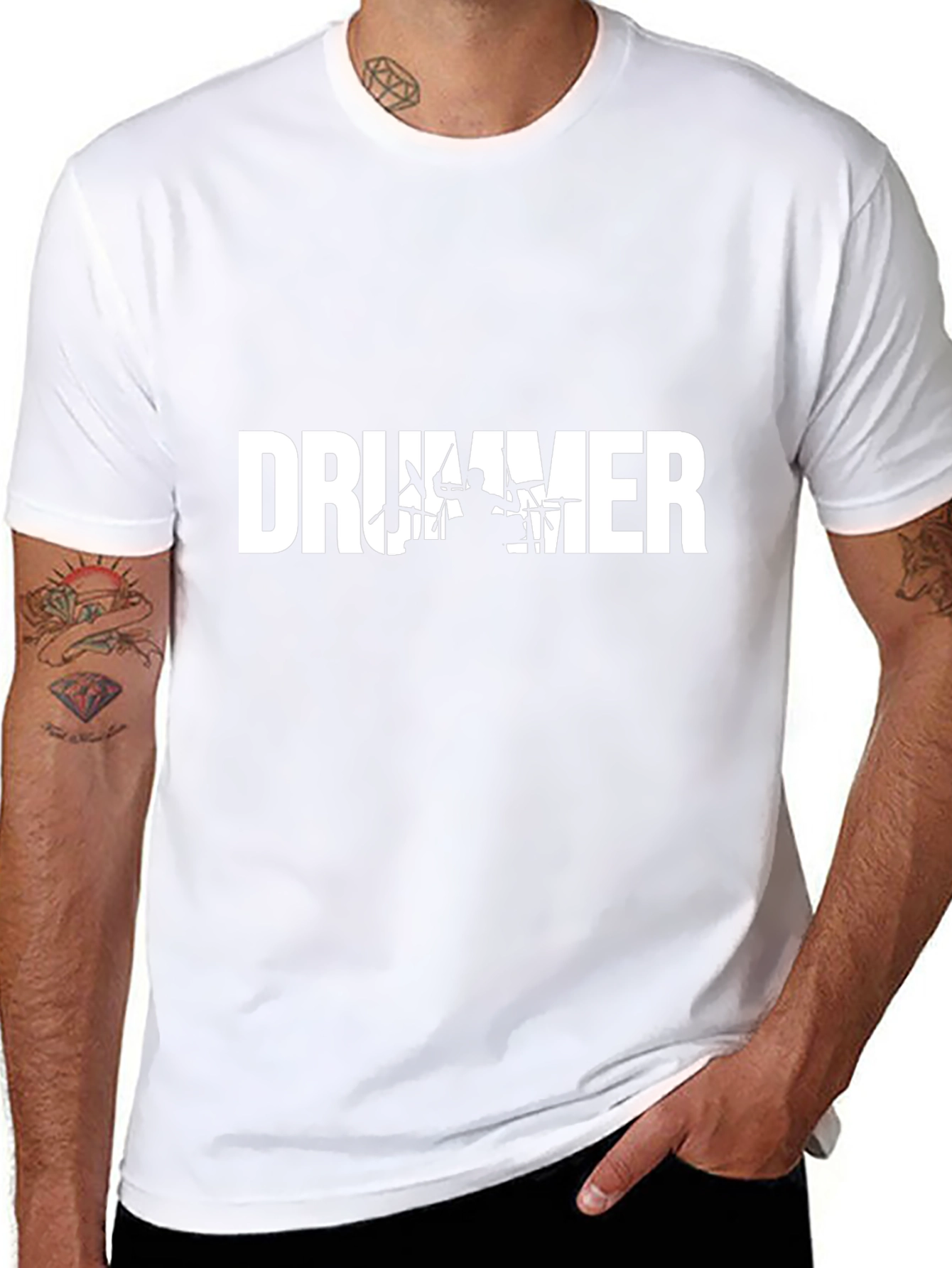 Drummer Silhouette Graphic Tee - Black Crew Neck