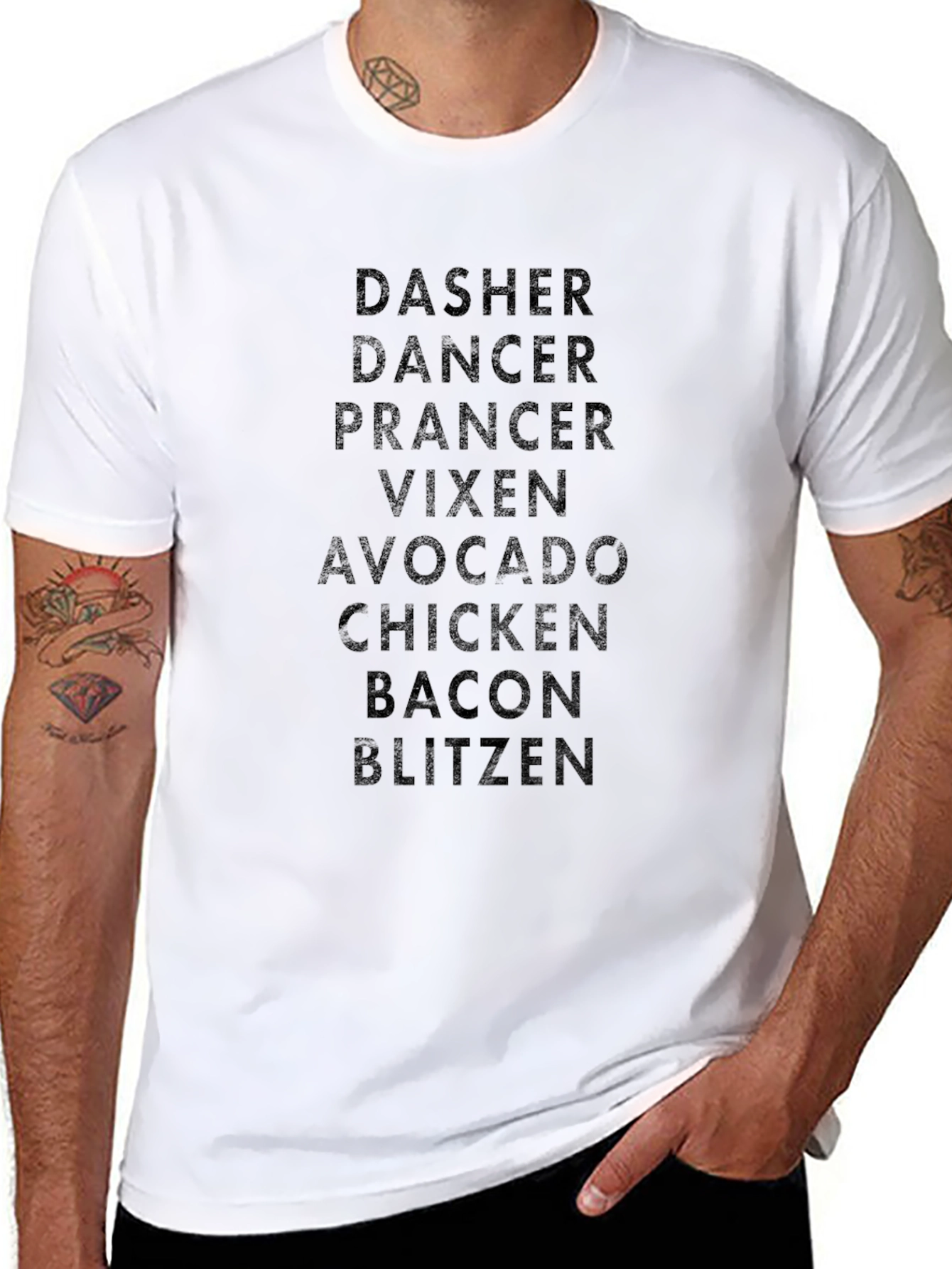 Funny Holiday T-Shirt: Reindeer Names & Foodie Twist