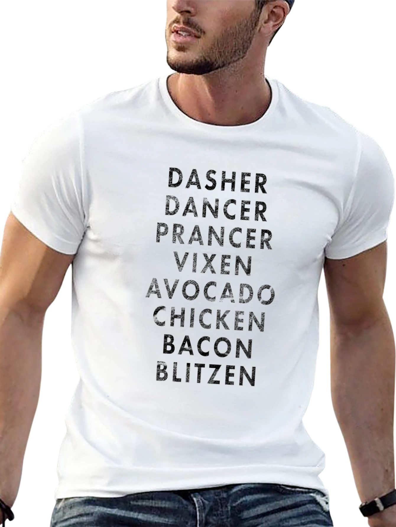 Funny Holiday T-Shirt: Reindeer Names & Foodie Twist
