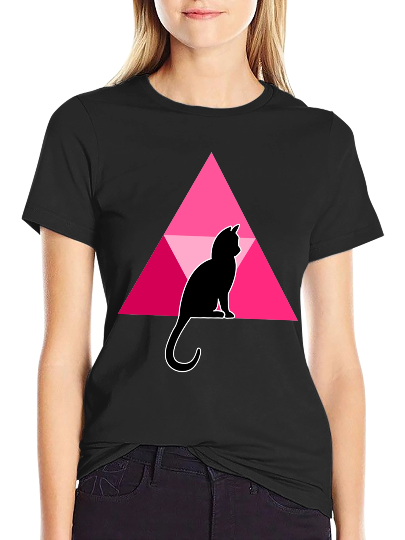 Cat and Triangle Graphic Black T-Shirt