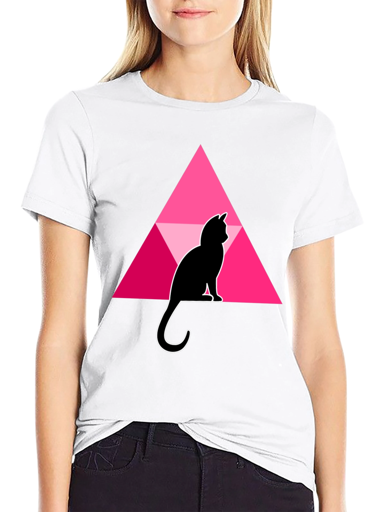 Cat and Triangle Graphic Black T-Shirt
