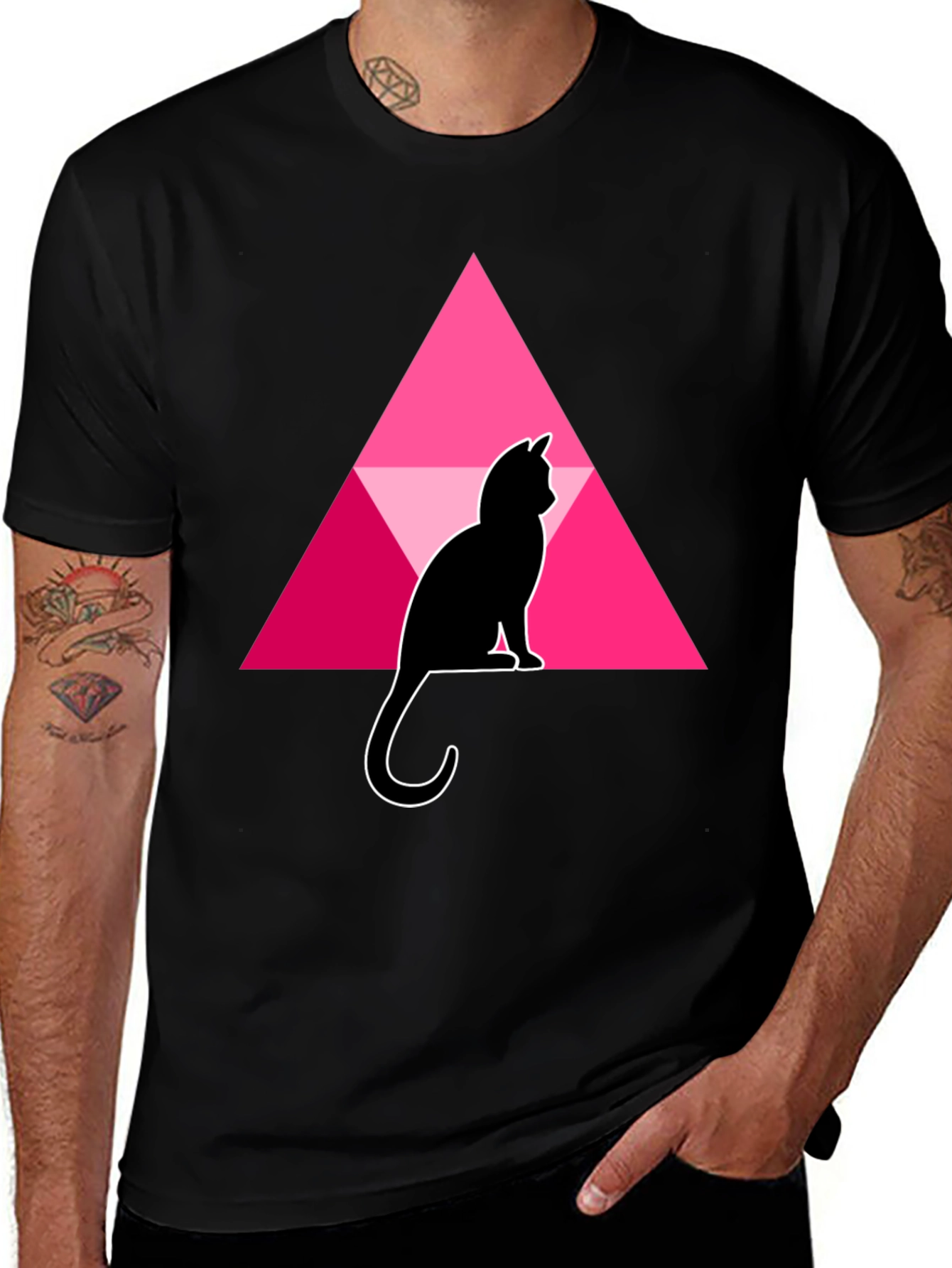 Cat and Triangle Graphic Black T-Shirt