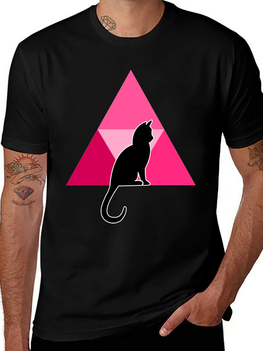 Cat and Triangle Graphic Black T-Shirt